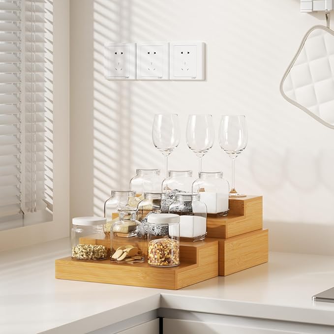 Spice Rack, Bamboo Spice Rack Kitchen Cabinet Organizer Expandable - Bamboo 4 Tier Figurine Display Shelf, Adjustable Magnetic 4 Tier Spice Racks, Brown