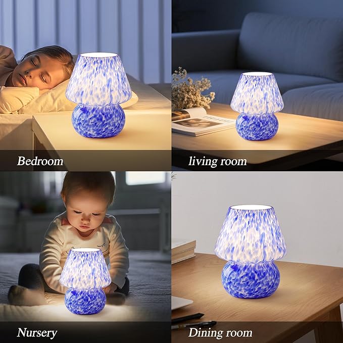 Mushroom Table Lamp, Ocean Blue Translucent Glass - Cute Mid-Century Modern Bedside Light, Nightstand Lamp for Bedroom & Living Room - Nordic Coastal Aesthetic Home Decor with Sleek Design