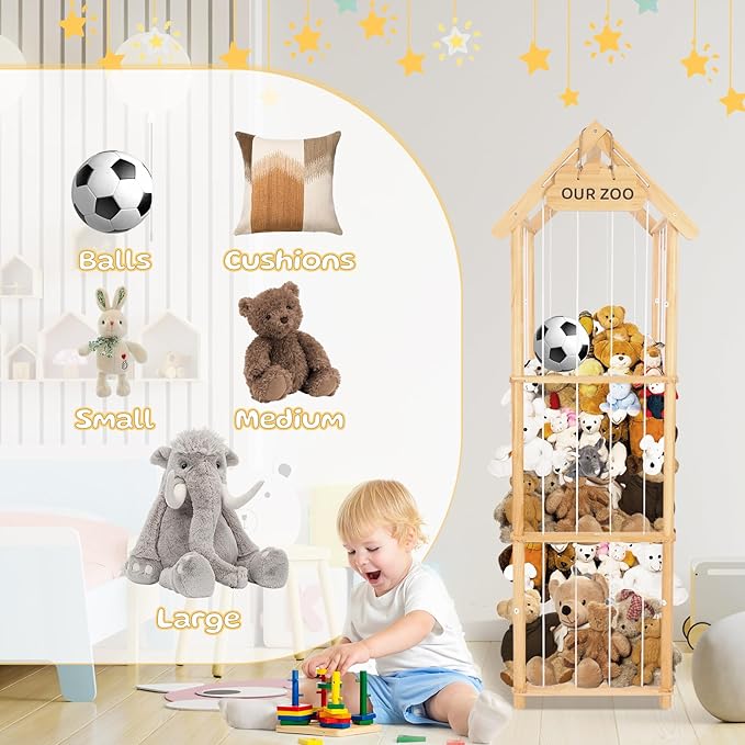 HOMIEE Stuffed Animal Storage Organizer, Wood Stuffed Animal Zoo Toy Holder for Kids Playrooms, Bedrooms, Nursery Room