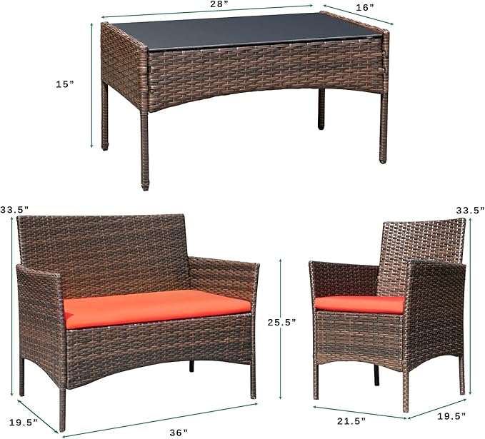 Greesum Patio Furniture 4 Pieces Conversation Sets Outdoor Wicker Rattan Chairs Garden Backyard Balcony Porch Poolside loveseat with Soft Cushion and Glass Table, Brown and Red