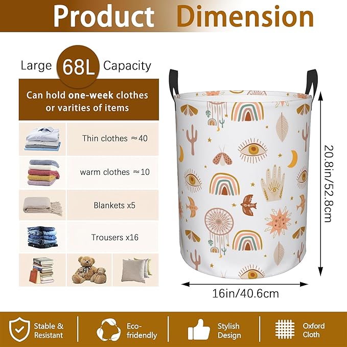 Laundry Hamper, Boho Moon Star Sun Mystical Laundry Basket,Waterproof Foldable Storage Bin for Bedroom,Clothes Organizer Basket,Toys Box 16x20 Inch