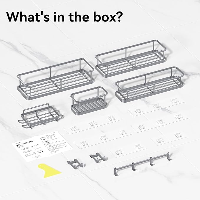 YASONIC Shower Caddy, 6 Pack Large Capacity shower Organizer with Soap Holder and 12 Hooks, Rustproof Shower Shelves for Inside Shower, No Drilling&Sleek Bathroom Organizers and Storage Grey