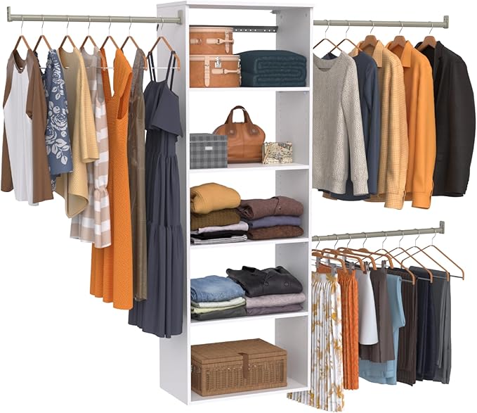 ClosetMaid SuiteSymphony Hanging Tower Organizer with (3) Closet Rods, and (6) Shelves, 81" to 121" W x 71.6" H x 14.6" D, White