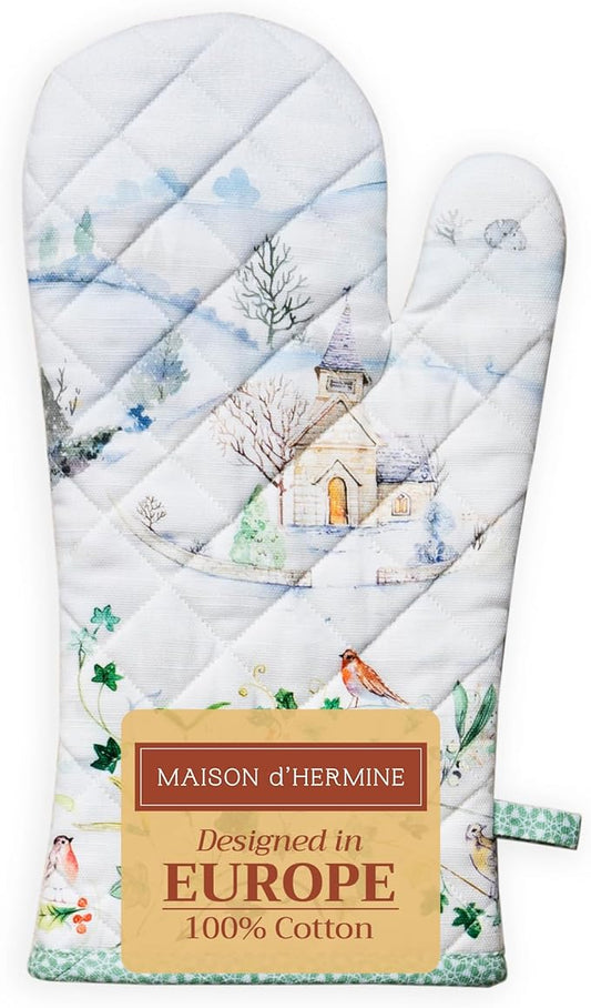 Maison d' Hermine Oven Gloves 100% Cotton Oven Mitt 7" x 13" with Loop Heat Resistant BBQ Cooking Gloves for Thanksgiving Christmas Decorations Baking Handling Hot Pans (Pack of 1, Snowy World)