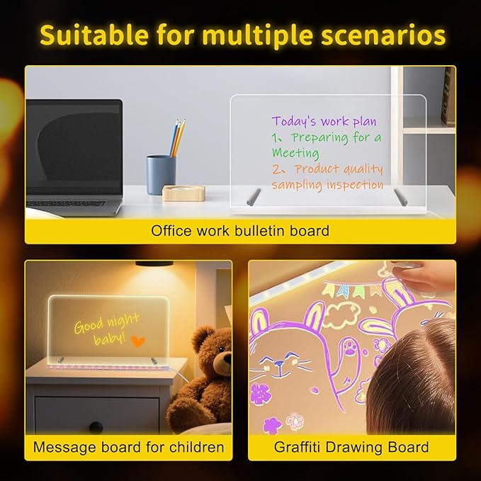 Doodle Glow LED Drawing Board - Reusable Acrylic Dry Erase Light Board with 7 Color Markers, Hangable & Standable Gift for Kids, Home, Office (11.8"x7.9")
