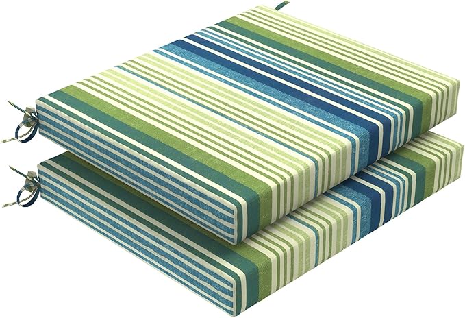 Set of 2 Outdoor Square Chair Cushions 18.5"x16"x2" for Patio, Water Resistant Patio Dining Seat Pads Replacement for Kitchen Garden and Outdoor Furniture Decoration - Stripe Blue Green