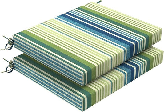 Set of 2 Outdoor Square Chair Cushions 18.5"x16"x2" for Patio, Water Resistant Patio Dining Seat Pads Replacement for Kitchen Garden and Outdoor Furniture Decoration - Stripe Blue Green