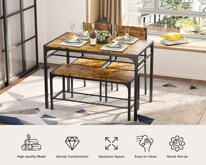 Gizoon Kitchen Table and 2 Chairs for 4 with Bench, 4 Piece Dining Table Set for Small Space, Apartment (Rustic Brown)