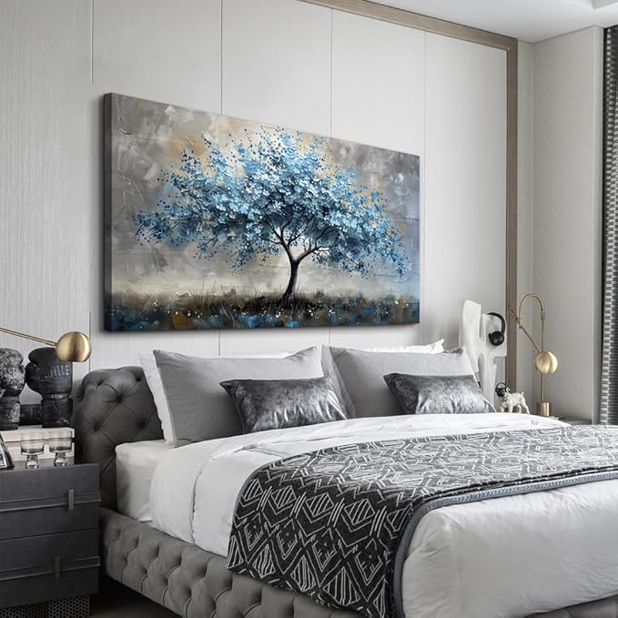 MHARTK66 Canvas Wall Art For Living Room Farmhouse Wall Decor For Bedroom Office Decorations Gray Wall Paintings Blue Tree Landscape Pictures Artwork Ready to Hang for Home Decor art 40"X20"