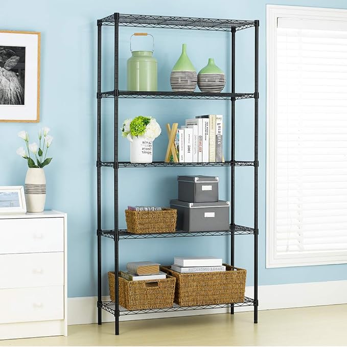 5 Shelf Wire Shelving Unit Garage NSF Wire Shelf Metal Large Storage Shelves Heavy Duty Height Adjustable Utility Commercial Grade Steel Layer Shelf Rack Organizer 1250 LBS Capacity -14x36x72,Black