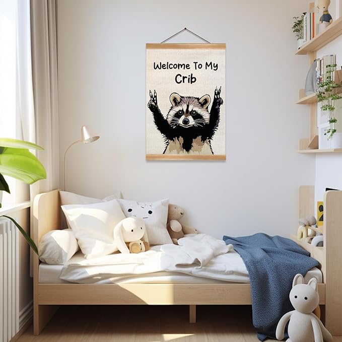 ZTGDA Welcome to My Crib Wall Art,Funny Raccoon Poster Durable Man Cave Wall Decor,Raccoon Canvas Hanging Sign for Entryway, Dorm Room, Nursery or Bedroom Decor (My crib raccoon)