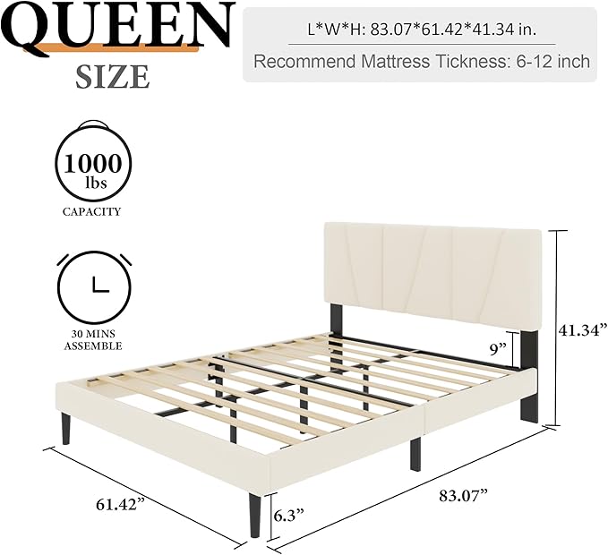 Queen Size Platform Bed Frame with Upholstered Headboard, Wooden Slats Support, Noise Free, No Box Spring Needed, Easy Assembly, Beige, Velvet