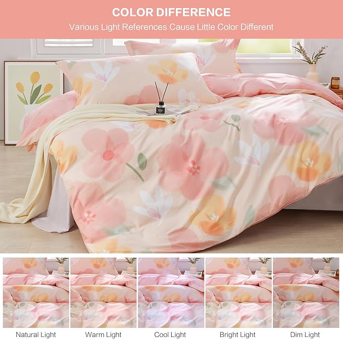 SAPHREAS Pink Floral Duvet Cover Set Full Size Blossom Flower Printed Bedding Comforter Cover Set 100% Cotton 1 Duvet Cover 90"x80" 2 Pillow Shams, Comforter Not Included