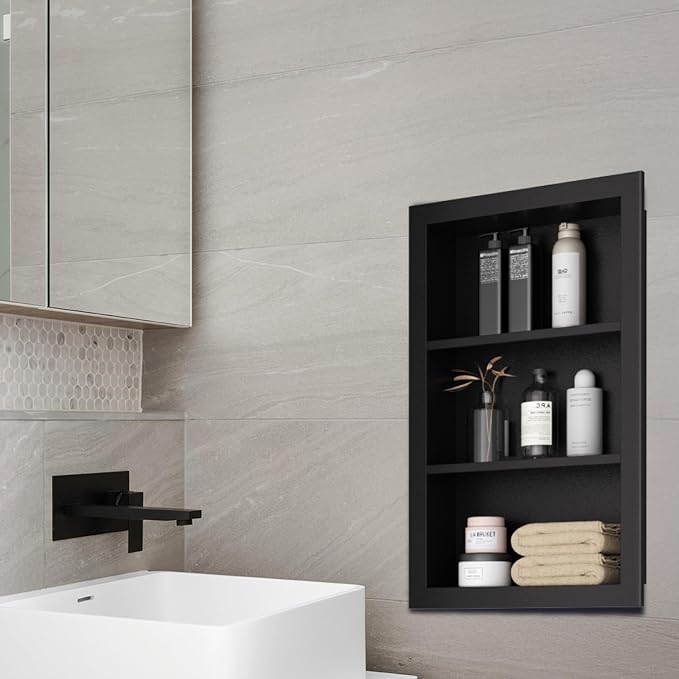 Stainless Steel Shower Niche 14" X 24"，3-Tier Shelf Niches Bathroom Shelf Recessed Wall Niche No Tile Needed Shower Shelf for Bathroom Storage(Black, 14 x 24)