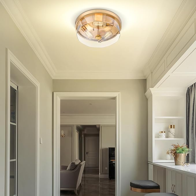 Gold Flush Mount Ceiling Light, 3-Light Hallway Light Fixtures, Modern Farmhouse Farmhouse Ceiling Light Clear Glass Brushed Gold Finish for Kitchen Porch Entryway