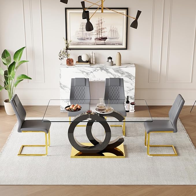 63'' Glass Dining Table Set for 4, Kitchen Table Chairs Set of 4, Clear Glass Dining Table with Black unique design Leg and Gold Metal Base, 4 PU Dining Chairs with Metal Legs, Living Room, Kitchen.
