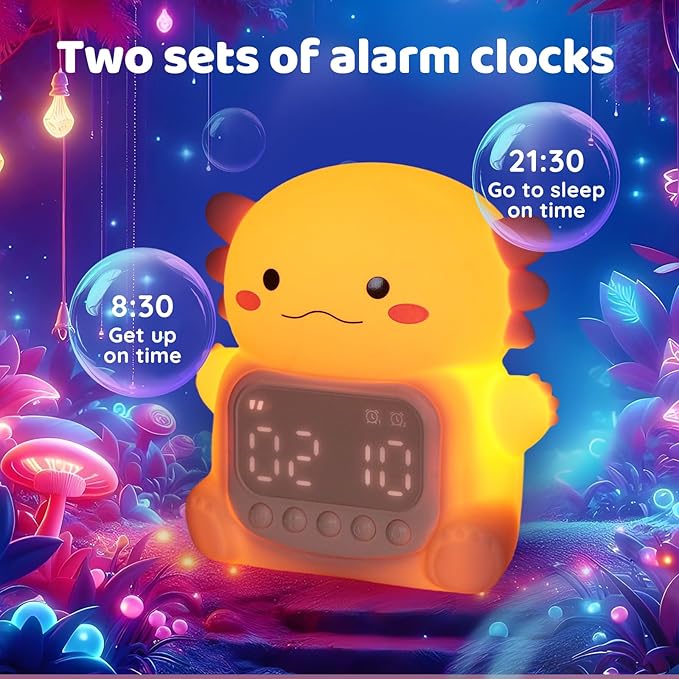 Axolotl Alarm Clock with Night Light for Kids, Rechargeable Silicone Lamp Time to Wake Clock，Cute Animal Tabletop Lamp, Perfect Sleep Companion for Boys Girls