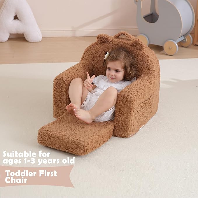 Toddler Chair,Sherpa Bear Kids Chair,Toddler Couch Fold Out,Children Reading Chair,Flip Out Kids Couch,Toddler Sofa Convertible for Age 1-3(Brown Bear)