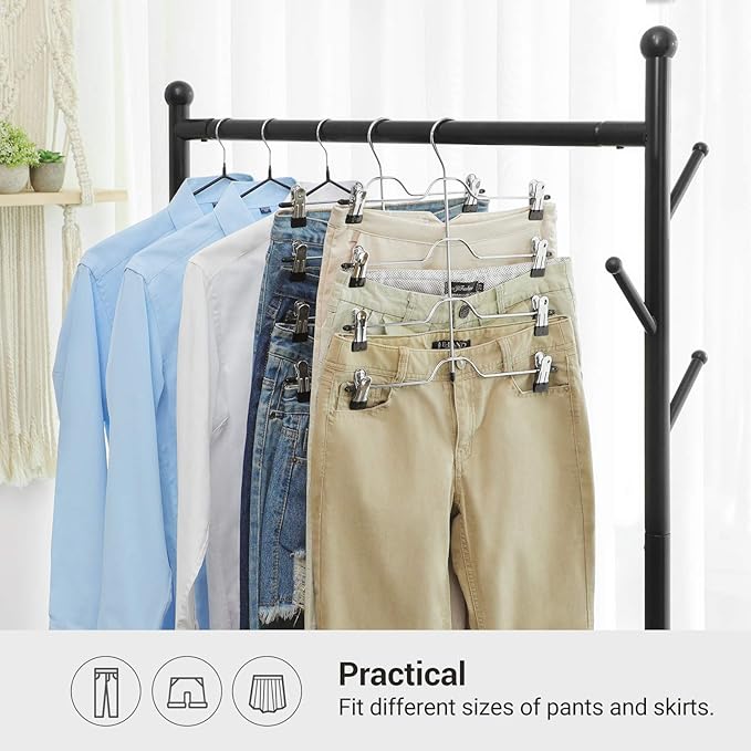 SONGMICS Pants Hangers, Set of 3, 4 Tiers Non-Slip Skirt Hangers, Space Saving Pants Organizers, for Closet, Silver and Black UCRI042BK