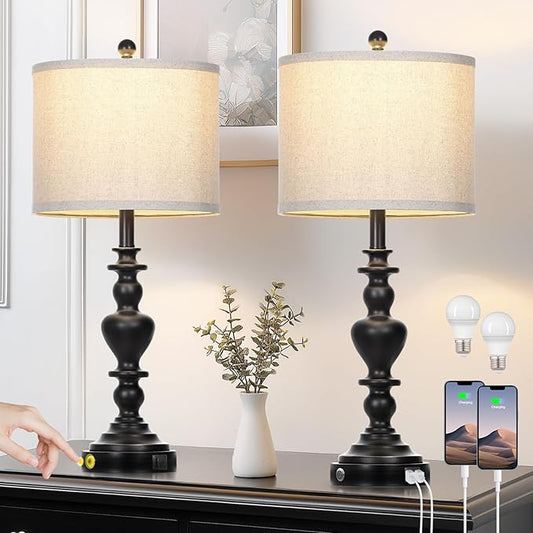 Farmhouse Table Lamps Set of 2, 27" Black Vintage Bedside Lamps with USB A+C Charging Ports, 3-Way Dimmable Touch Control Rustic Nightstand Lamp for Living Room Office(Bulbs Included)