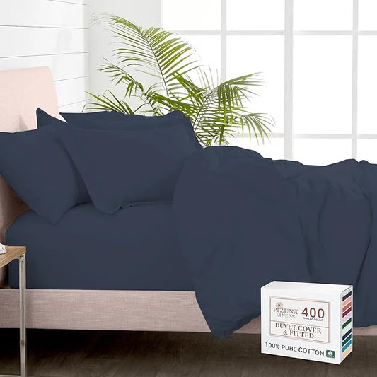 Pizuna 100% Cotton Queen 3 Pc Duvet Cover + 1 Pc Fitted Sheet Set 400 Thread Count Dark Blue Sateen Weave Luxurious Long Staple Cotton 4 Piece Bedding Set -1 Duvet Cover,2 Pillow Shams,1 Fitted Sheet