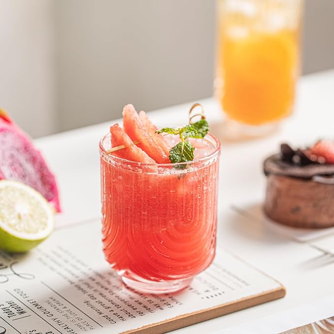 INSETLAN Vintage Glassware Arch Design Glass cups Set of 4, Fashioned Ripple Glassware Highball Glass, Classic Transparent Cocktail Glasses, for Bar Beverages Ice Coffee Juice Water (4pcs-L)