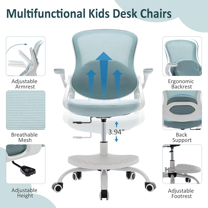 Kids Desk Chair,Ergonomic Study Chair with Adjustable Height,Swivel Mesh Desk Chair with Wheels,Home Office Chair for Children in Home Bedroom Blue