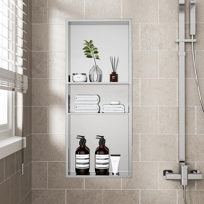 POPFLY No Drill Brushed Nickel Shower Niche 12"x30", Stainless Steel Recessed 3-Layer Shelf - No Tile Needed Waterproof Bathroom Wall Niche Insert Storage Organizer