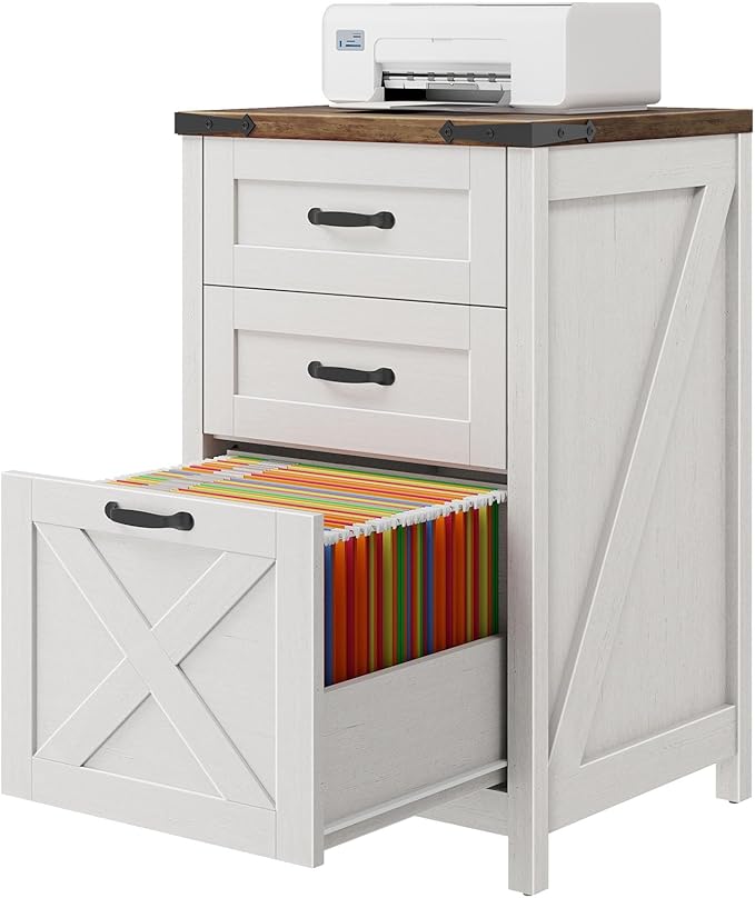 Vertical File Cabinet with 3 Drawers, Wooden Farmhouse Filing Cabinet for Letter/A4 Size Hanging Files, Under Desk Printer Stand with Storage for Home Office, Rustic White