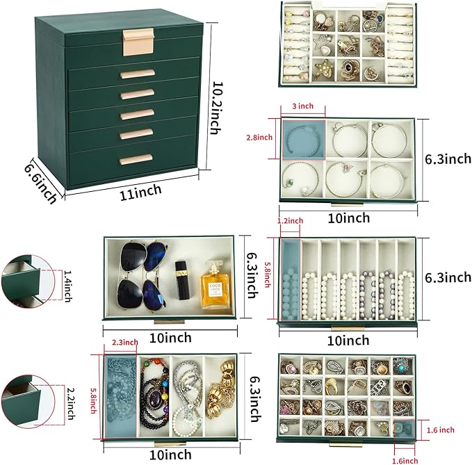 BOOVO Jewelry Box with Necklace Hanger – 6 layer Jewelry Organizer for Women with 5 Drawers, Large Jewelry Storage Boxes –Jewelry Organizers and Storage for Earrings, Necklaces (Green, 6 layer)