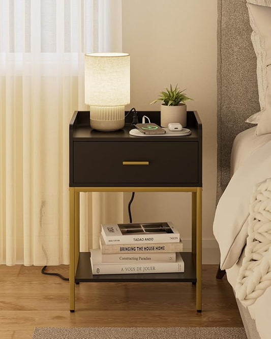 Masupu Nightstand with Charging Station,3-Tier Modern Bedside Night Stand with Storage Drawer and Shelf,Small End Side Table for Bedroom,Living Room,Gold and Black