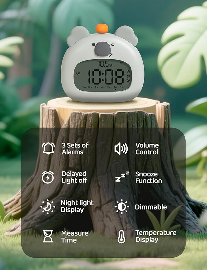 Koala Relaxation Alarm Clock, Forest Night Light, USB-C Fast Charge, 3 Alarms & Timer, Mindfulness Bedroom Decor Gift for Boys, Girls, Tenns