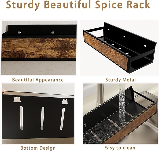 Spice Rack Wall Mount 6 Pack, Space-Saving Seasoning Organizer,Screw or Adhesive Hanging Spice Rack Organizer for Kitchen Cabinet and Wall (Engineered Wooden)