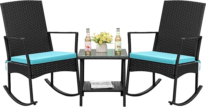 Flamaker Rocking Chair Outdoor PE Rattan Patio Chairs with Glass Table High Back Porch Rocker for Balcony, Garden, Backyard (Blue)