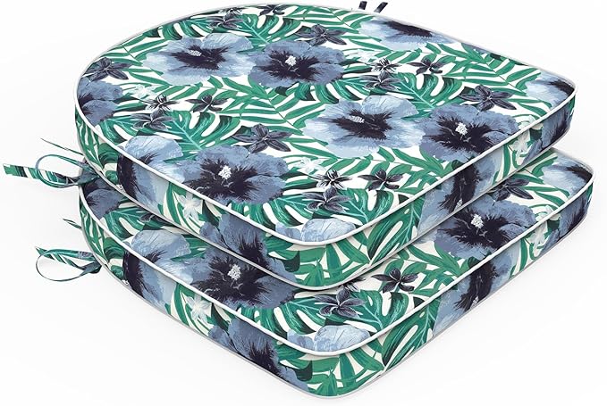Set of 2 Outdoor Chair Cushions 19"x19"x2",Water Repellent Dining Seat Cushion with Ties and Removable Covers, Chair Cushions for Indoor and Patio Furniture, Blue Salmone Tropical