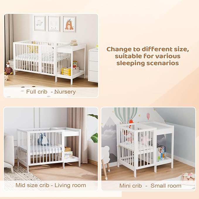 JOYMOR 8 in 1 Convertible Crib with Changer, Include 2” Mattress, Converts to Bassinet, Mid Crib, Full Size Crib, Daybed,Toddler Bed and Playard (Crib with Changer, White)
