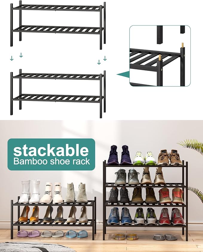 2-Tier Black Bamboo Shoe Rack for Entryway, Stackable | Foldable | Natural, Shoe Shelf Storage Organizer for Hallway Closet, Free Standing Shoe Racks for Indoor Outdoor