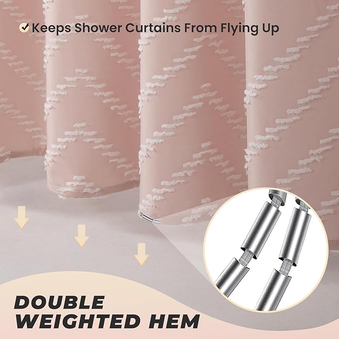 Extra Long Blush Pink Boho Shower Curtain Cute Shower Curtain Textured Tufted Chevron Striped Minimalist 72 x 96 Bathroom Shower Curtains