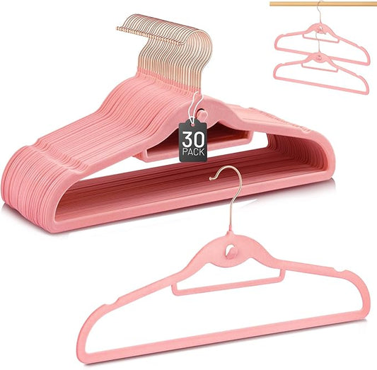 Velvet Hangers 30 Pack, STOPKLAS Pink Clothes Hangers Non Slip Felt Hangers with 360° Swivel Hook, Thin Hanger Space Saving, Heavy Duty Closet Hanger for Clothes, Coats, Suits, Dress, Pants