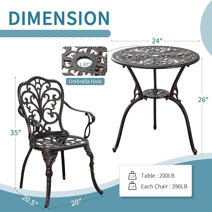 Outdoor Bistro Table and Chairs Set of 2 Cast Aluminum Patio Bistro Set with Umbrella Hole, All Weather Bistro Table Set for Garden, Suitable for All People, Bronze