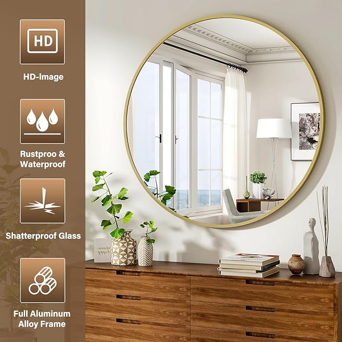 36 Inch Round Mirror - Circle Mirrors for Bathroom, Entryway and Living Room Wall Decor, Modern Hanging Vanity Mirror, Matte Gold Circle Decorative Wall Mirror