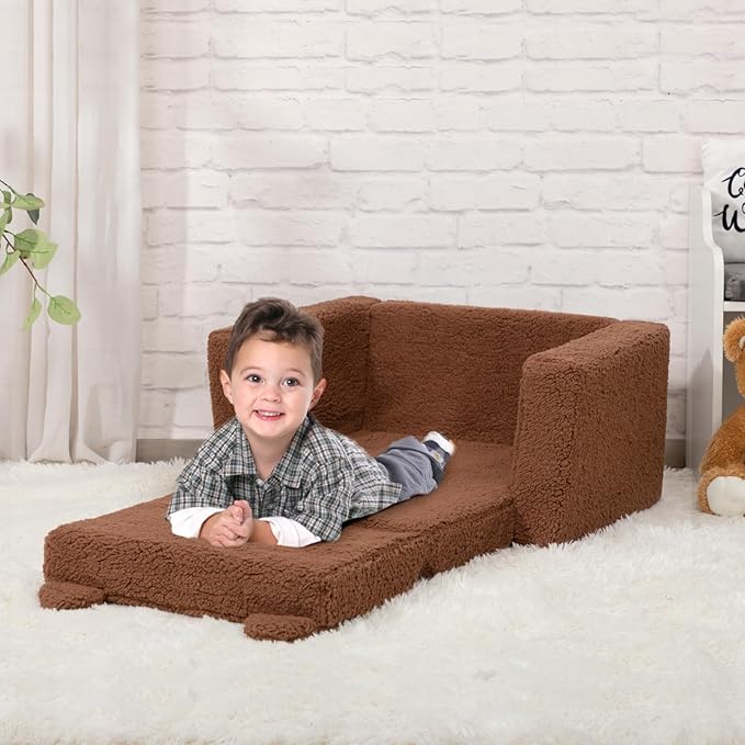 ALIMORDEN 2-in-1 Flip Out Cuddly Sherpa Toddler Couch, Convertible Sofa to Lounger, Bear