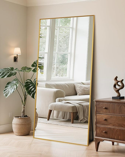 Full Length Mirror, 71"x26" Oversized Floor Mirror Freestanding, Full Body Mirror Floor Standing Mirrors with Stand, Hanging Mounted Mirrors for Bedroom Living Room, Gold, Rect Style