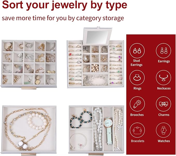 BOOVO Clear Lid Jewelry Box,4 Layers Jewelry Organizer Large Jewelry Storage Box with 3 Drawers,Jewelry Holder Organzier of Rings Earrings Necklace Bracelets for Women (Grey, 4 Layer)