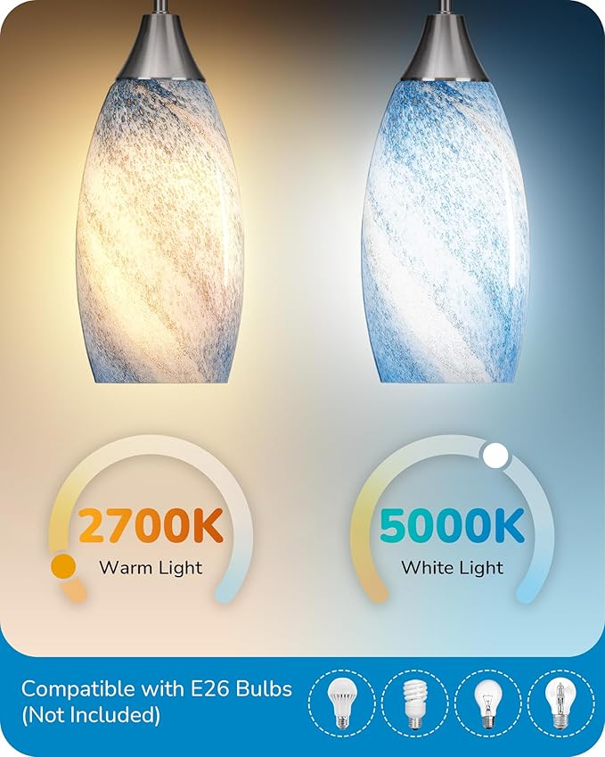 EDISHINE Pendant Light Fixtures, Handcrafted Art Glass Hanging Light with Brushed Nickel Finished, E26 Socket, Adjustable Cord Glass Pendant Light for Kitchen, Bathroom, Hallway, Bar