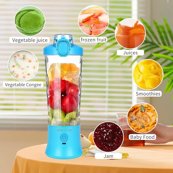 Portable Blender for Shakes and Smoothies With 20 Oz Travel Cup and Lid, Mini Personal Size With 6 Blades and USB Rechargeable for Gym, Kitchen and Outdoors (Blue)