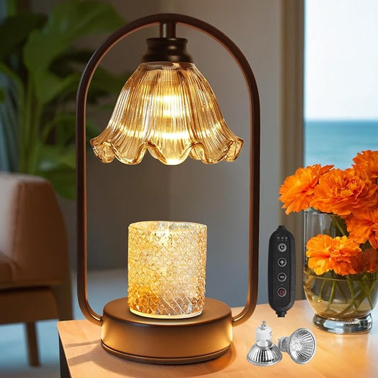 Candle Warmer Lamp with Timer: Black Metal Frame and 4 Dimmer, Heater Wax Warmer for Jar Scented, Home Décor and Housewarming & Birthday Gift for Mom Woman, 2 Bulbs (Crystal Flower & Gray)