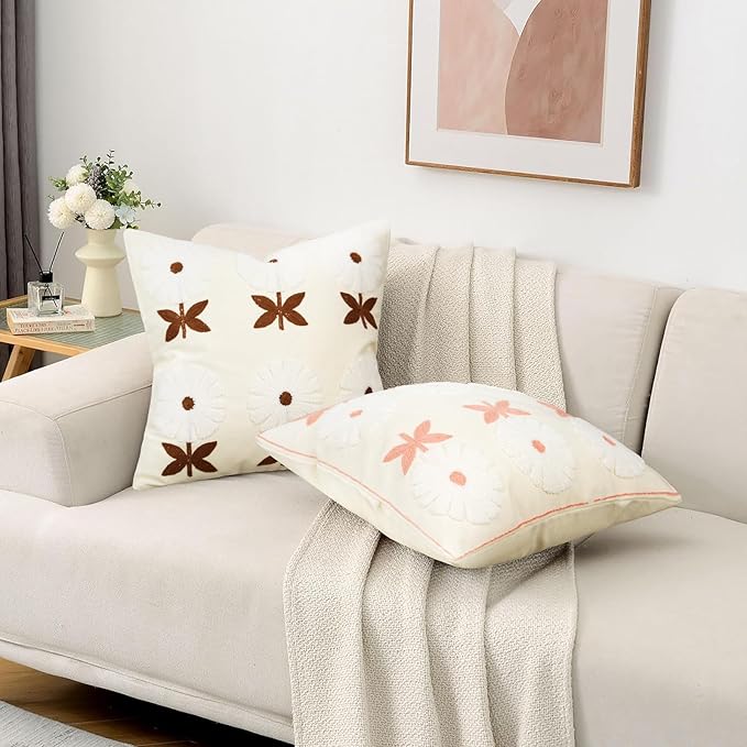 Merrycolor Boho Embroidered Throw Pillow Covers 18x18 Pink Flower Pillow Covers Textured Square Cushion Case Farmhouse Decorative Pillow Covers for Couch Bed,1PC, Beige and Pink Floral