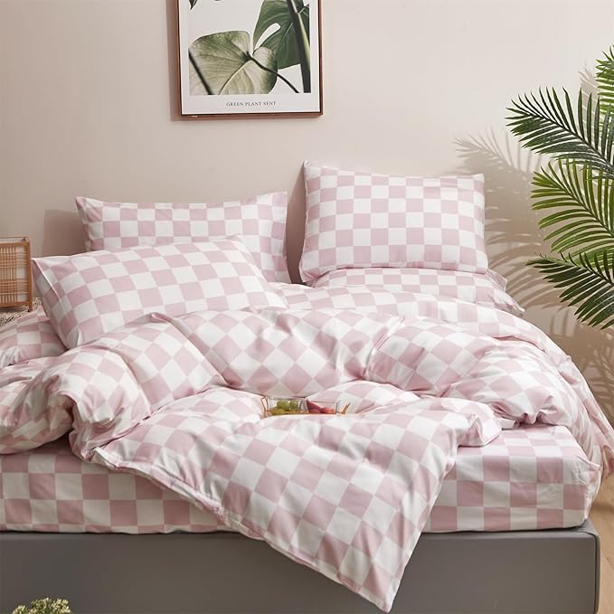 Pink and White Checkered Comforter Set Full Comforter Set 3 Piece Bedding Set with Lightweight Comforter and 2 Pillowcases Soft Microfiber All-Season