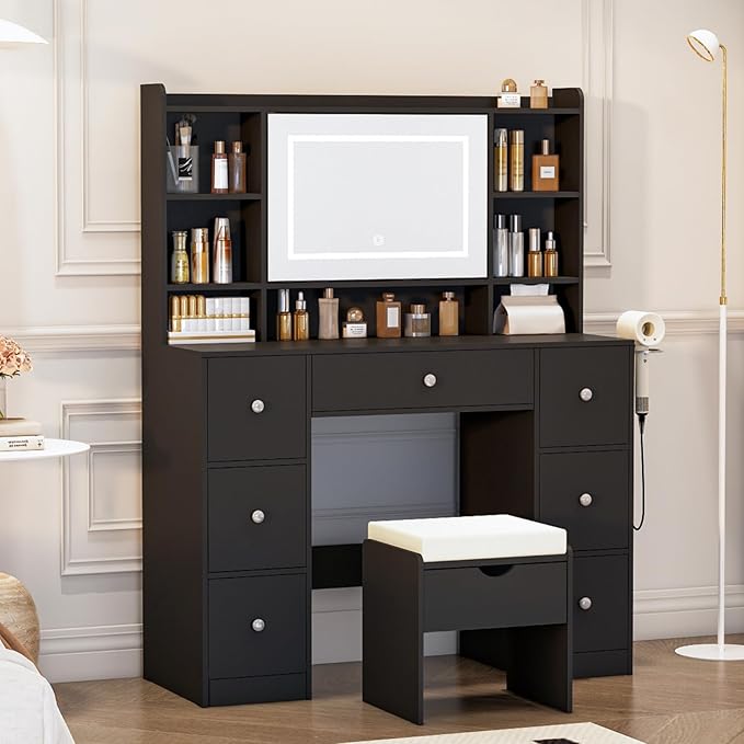 Vanity Desk with Mirror & LED Lights, Built-in Power Outlet, Dimmable LED Lighting, 7 Drawers & 7 Storage Compartments, Includes Padded Stool – Ideal Table for Bedroom Dressing Room (Black)